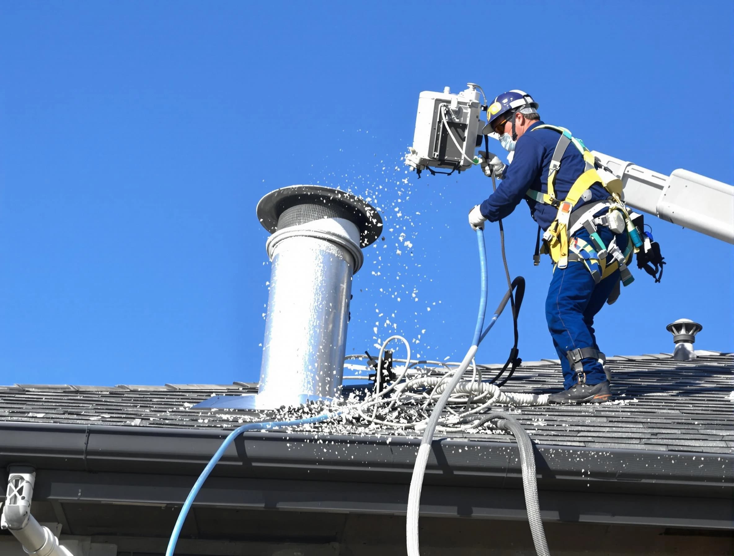South Ogden Dryer Vent Cleaning certified technician safely cleaning a roof-mounted dryer vent in South Ogden