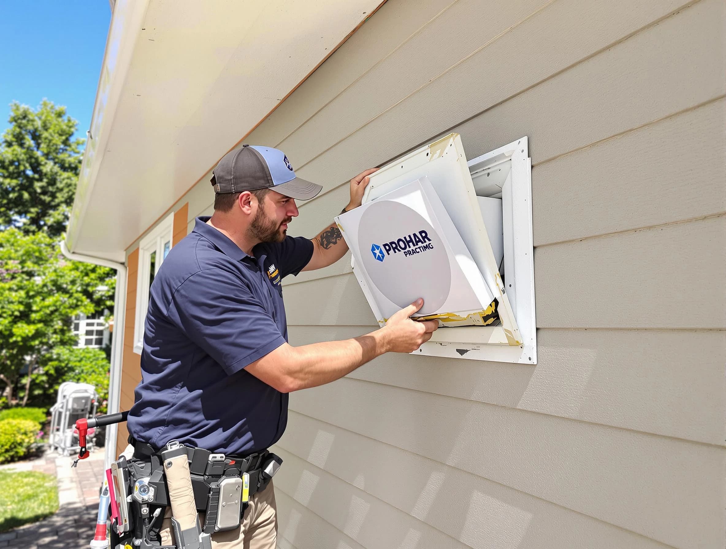 South Ogden Dryer Vent Cleaning technician installing a new protective dryer vent cover on a home in South Ogden